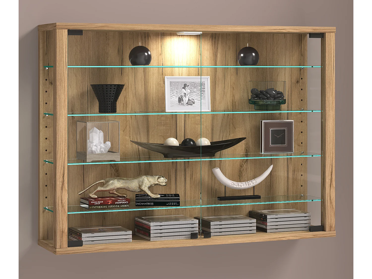 VCM Vitrine Murale Vitrosa Mini – Verre Trempé, 8 Tablettes, Bois, 90x59x18 Cm, Fixation Murale